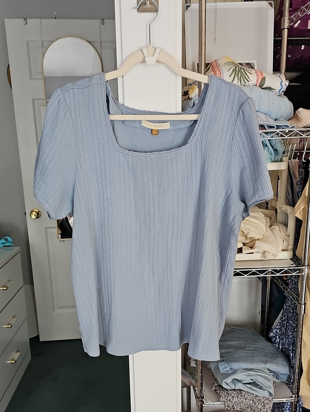 DownEast Powder Blue Ribbed Square Neck Short Sleeve Top